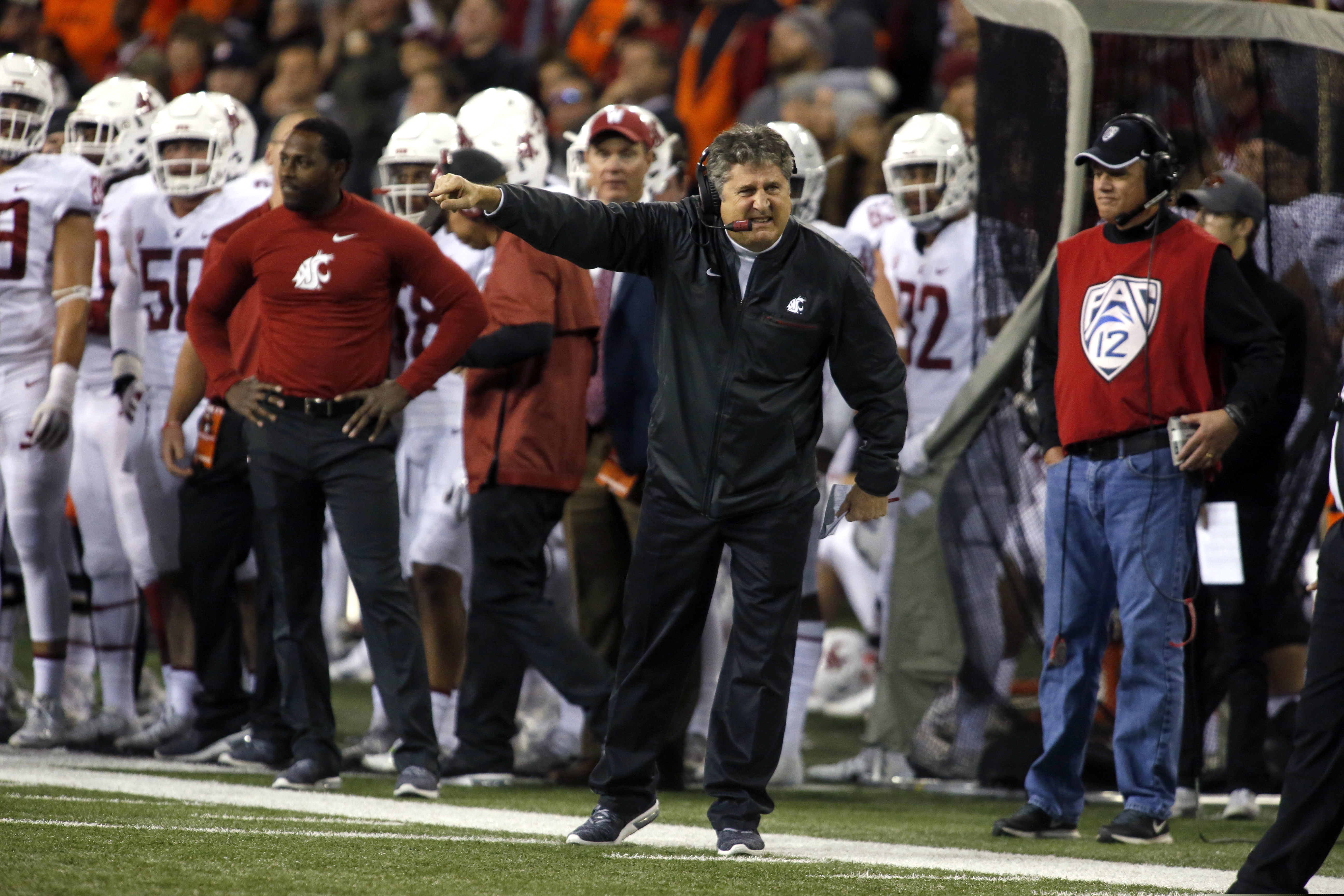 (Timothy J. Gonzalez | AP file photo) In this Saturday Oct. 6, 2018, file photo, Washington State head coach Mike Leach works the sideline during an NCAA college football game against Oregon State, in Corvallis, Ore. Washington State faces Stanford on Saturday, Oct. 27.