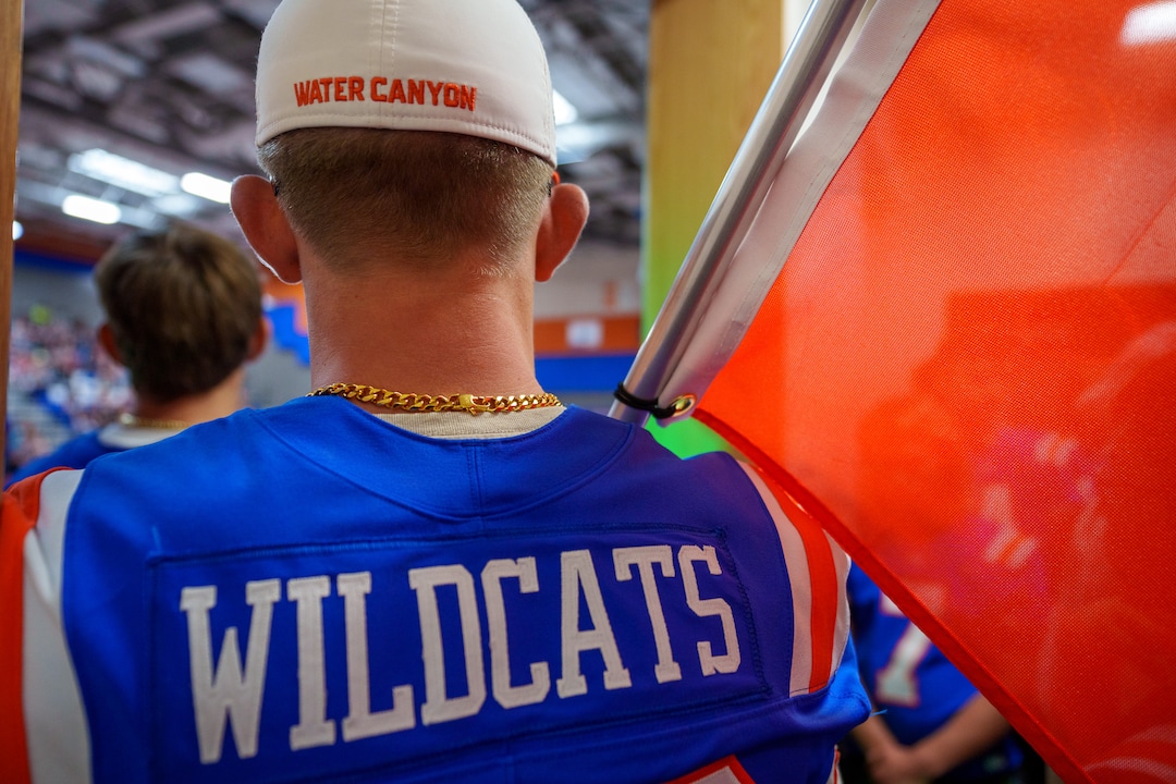 (Trent Nelson  |  The Salt Lake Tribune) Water Canyon High School's Lester Barlow waits to be introduced at a pep rally on the day of the team's first football game, in Hildale on Friday, Aug. 12, 2022.