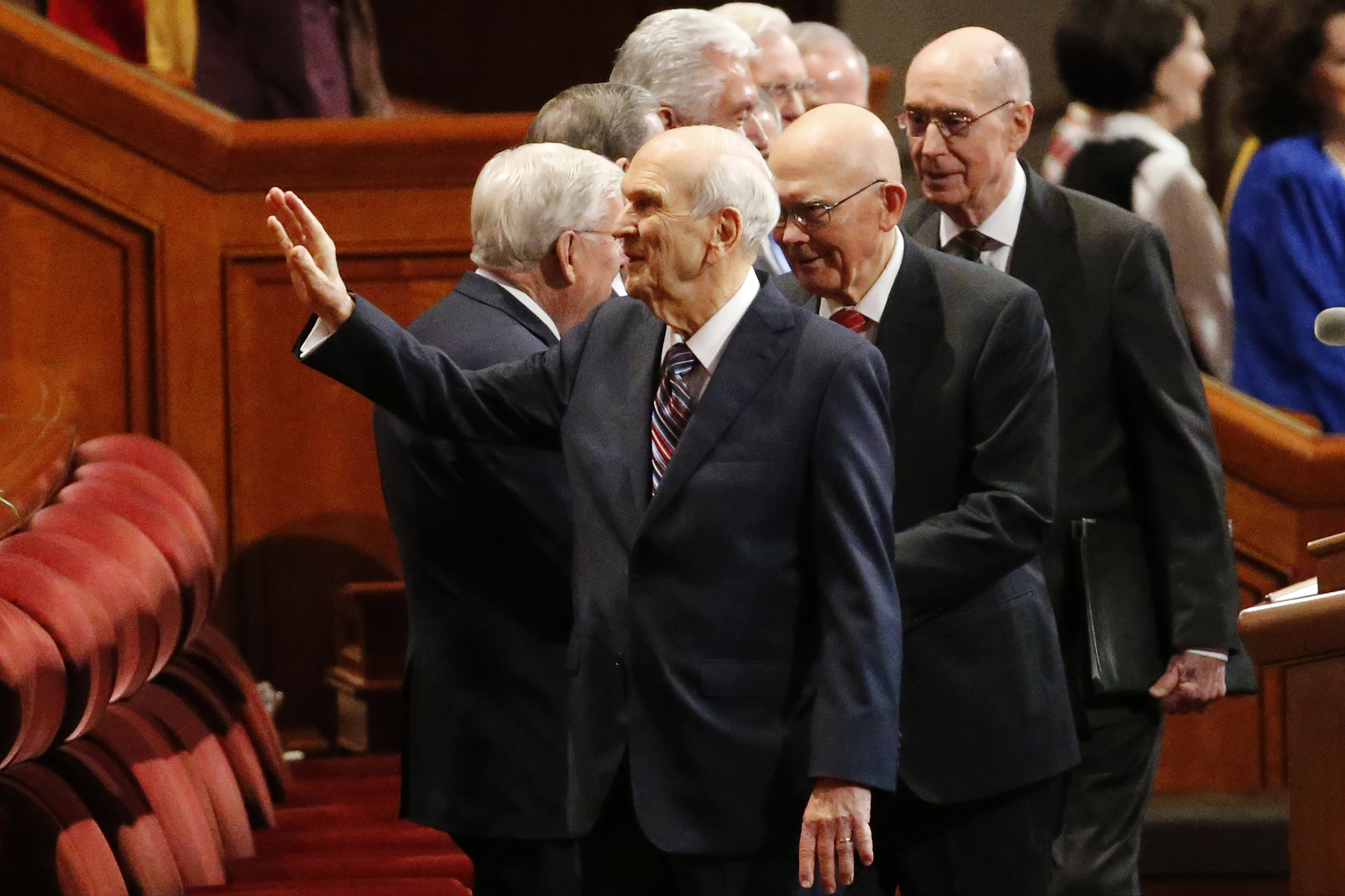 (Rick Bowmer | AP) The Church of Jesus Christ of Latter-day Saints' President Russell M. Nelson, center, enters for a twice-annual church conference Saturday, Oct. 5, 2019, in Salt Lake City. Nelson has rolled out a number of policy changes during his first two years at the helm of the faith, leading to heightened anticipation for what he may announce at this weekend's conference in Salt Lake City.