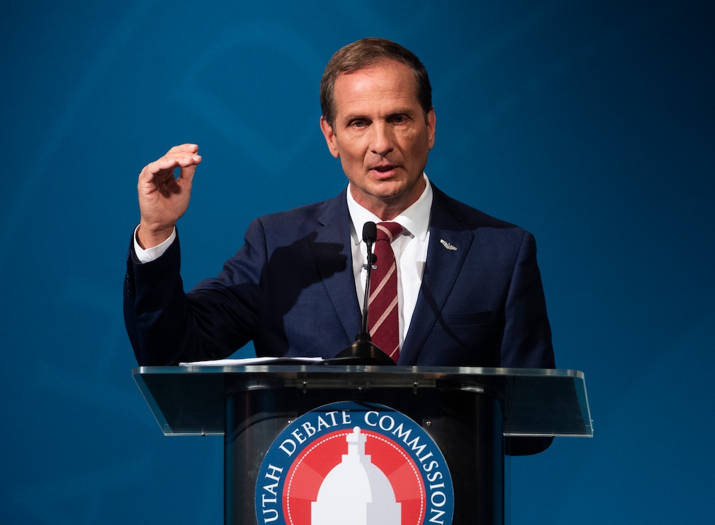 (Rick Egan  |  The Salt Lake Tribune)   Chris Stewart (R) speaks during the 2nd Congressional District debate between J. Robert Latham (L), Chris Stewart (R) and Kael Weston (D), at KSL Studio in Salt Lake City, on Monday, October 19, 2020