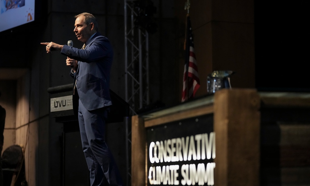 (Bethany Baker | The Salt Lake Tribune) U.S. Rep. John Curtis speaks during the Conservative Climate Summit 2024 at Utah Valley University in Orem on Friday, Oct. 4, 2024.