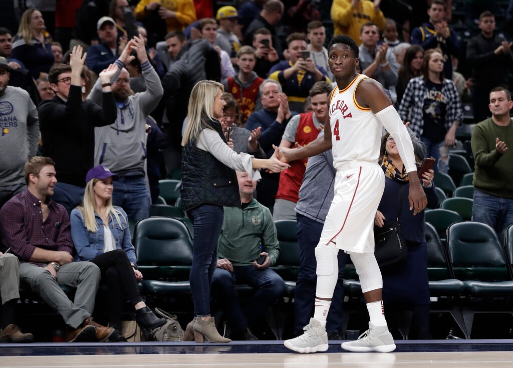 Indiana Pacers' Victor Oladipo greets fans as time expires in an NBA basketball game against the Milwaukee Bucks, Monday, Jan. 8, 2018, in Indianapolis. (AP Photo/Darron Cummings)