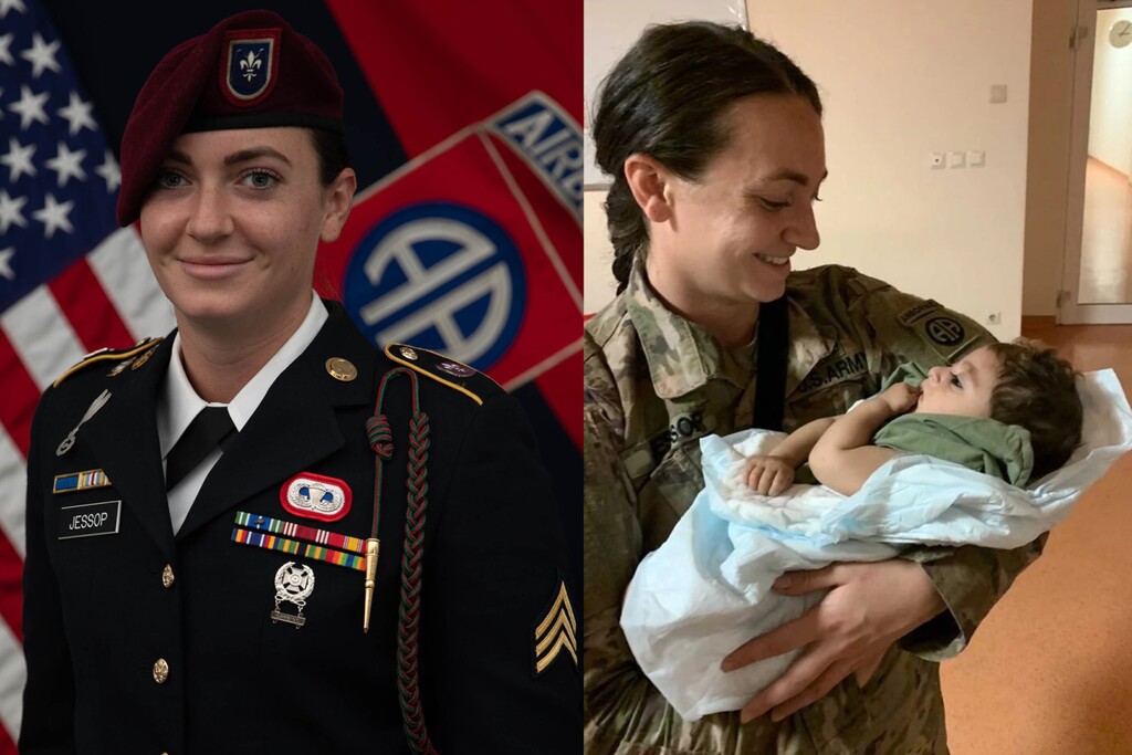 (U.S. Army) Photos of U.S. Army Sgt. Breanna J. Jessop who was named the USO Soldier of the Year for 2021. On the right, Jessop in seen holding a baby during evacuations at the Hamid Karzai International Airport chapel during August 2021 in Afghanistan.