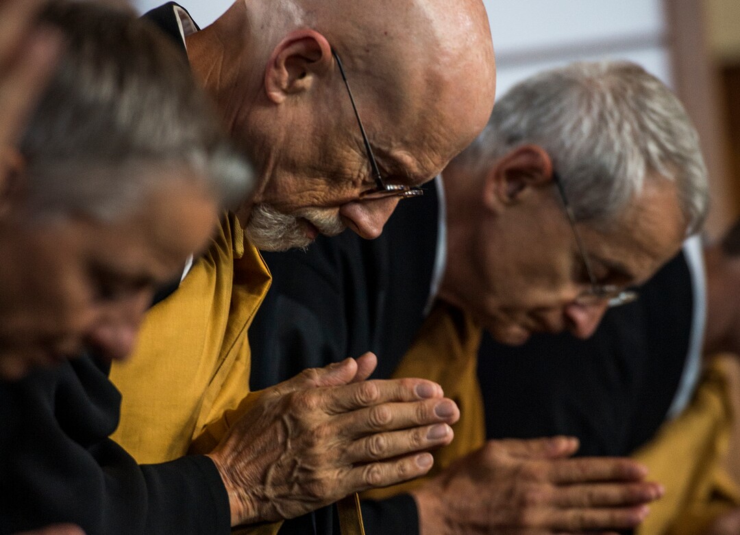 (Leah Hogsten  |  The Salt Lake Tribune) Michael Mugaku Zimmerman Sensei, center, during the dedication and eye opening ceremony at Torrey Zendo Meditation Center, Sept. 13, 2017, in Torrey. The Torrey Zendo, founded by Zimmerman and Diane Musho Hamilton Sensei, is now a year-round facility for Zen study, practice and retreats.