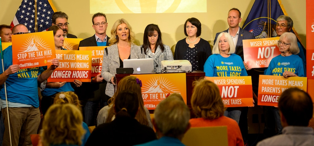 (Steve Griffin | Tribune file photo) Then-Americans for Prosperity-Utah State Director Evelyn Everton speaks about the "Our Schools Now" tax hike proposal during a news conference on October 12, 2017.
