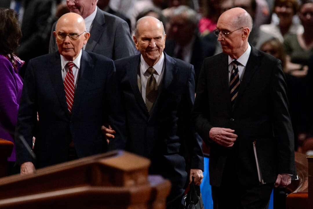 (Trent Nelson  |  The Salt Lake Tribune)  President Dallin H. Oaks, President Russell M. Nelson, and President Henry B. Eyring arrive at the afternoon session of the189th Annual General Conference of The Church of Jesus Christ of Latter-day Saints in Salt Lake City on Sunday April 7, 2019.