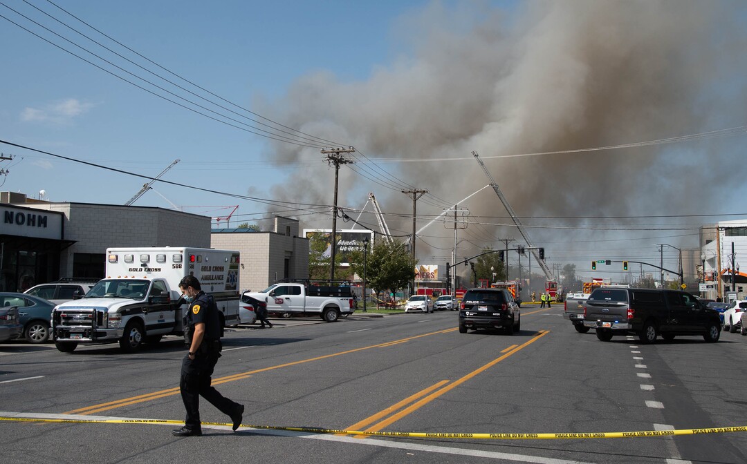 (Francisco Kjolseth  |  The Salt Lake Tribune) Crews work to extinguish a fire at 800 South 200 West in Salt Lake City on Wednesday, Sept. 9, 2020.