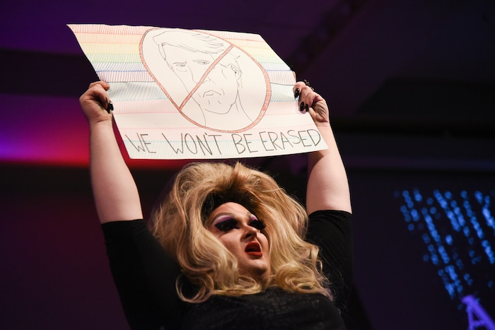 (Francisco Kjolseth  |  The Salt Lake Tribune)  Tyler Jones who's drag queen name is Anya Bacon, gets a large supportive crowd cheering as Utah State University host its first ever drag show.