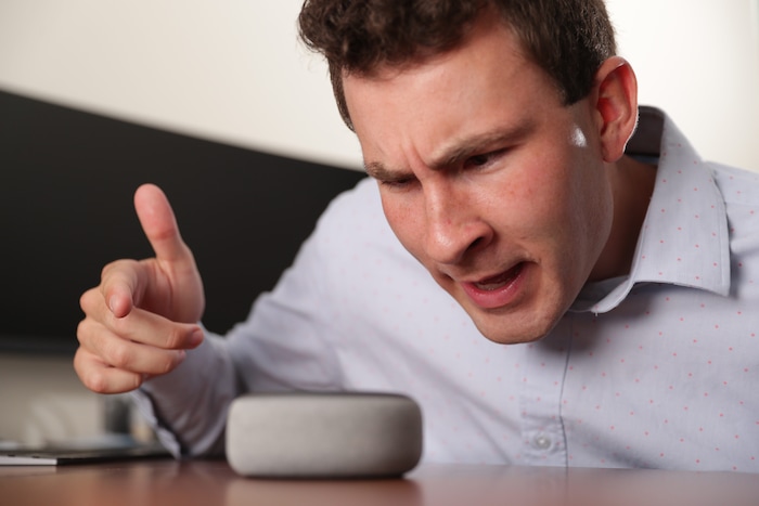 (Photo courtesy of Jaren Wilkey with Brigham Young University) Pictured is a man jokingly yelling at Amazon's Alexa.
