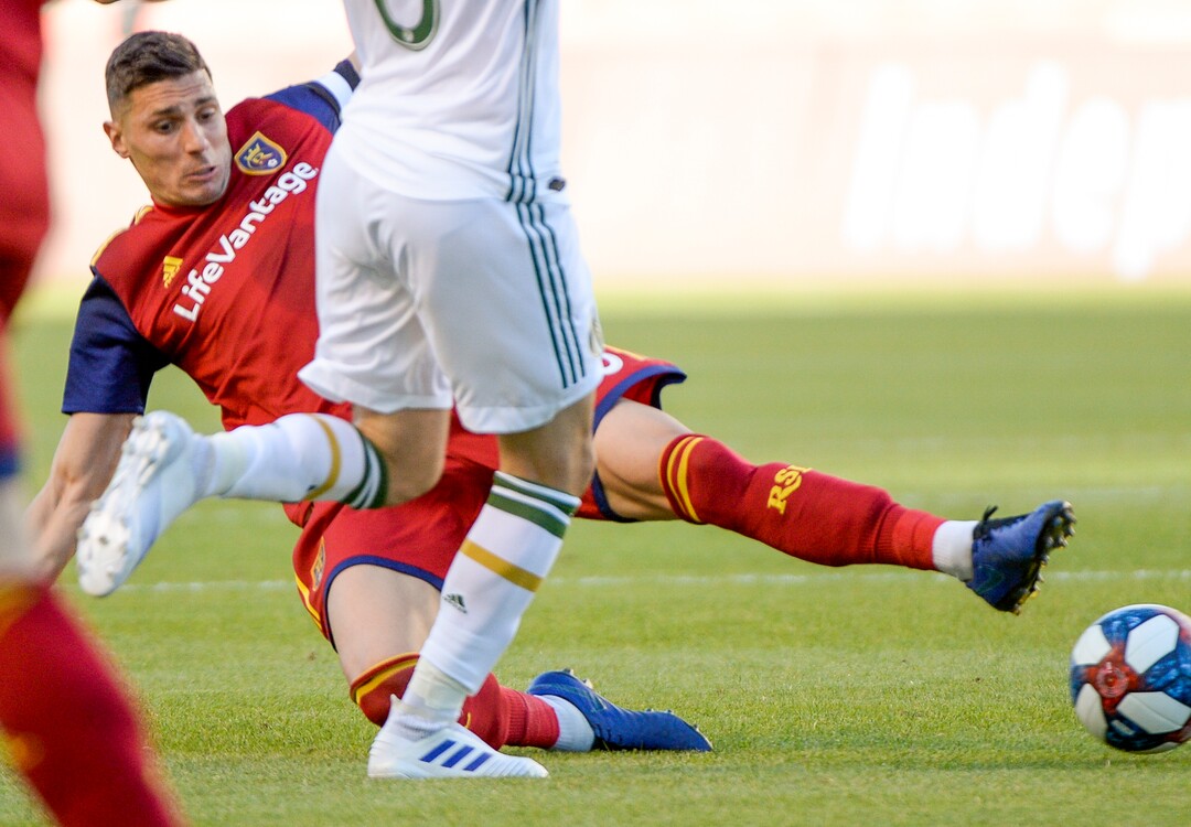 Leah Hogsten  |  The Salt Lake Tribune Real Salt Lake midfielder Damir Kreilach (8) and Portland Timbers midfielder Diego Valeri (8) fight for the ball.  Real Salt Lake hosts the Portland Timbers, Saturday, May 4, 2019 at Rio Tinto Stadium in Salt Lake City.