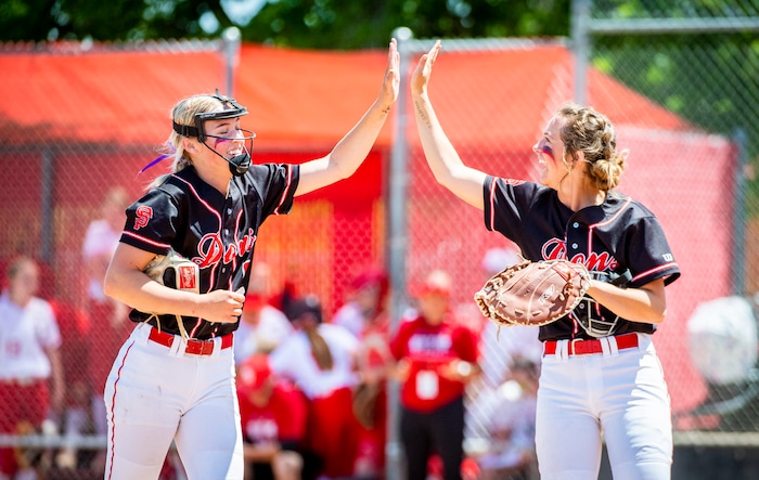 (Isaac Hale | Special to The Tribune) Spanish Fork pitcher Avery Sapp (5) celebrates her strike-out during the second game of a best-of-three series between the Spanish Fork Lady Dons and the Mountain Ridge Sentinels as part of the 5A state softball championship held at the Spanish Fork Sports Park on Friday, May 28, 2021.