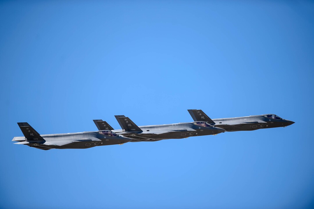 (Trent Nelson  |  The Salt Lake Tribune) The Air Force F-35A Lightning II Demonstration and 388th Fighter Wing, based at Hill Air Force Base, performs a formation flyover as seen in South Jordan on Thursday, April 30, 2020. The demonstration over Utah was a “salute to everyone on the front lines in the fight against COVID-19, as well as those staying at home to flatten the curve of the virus,” according to a news release.