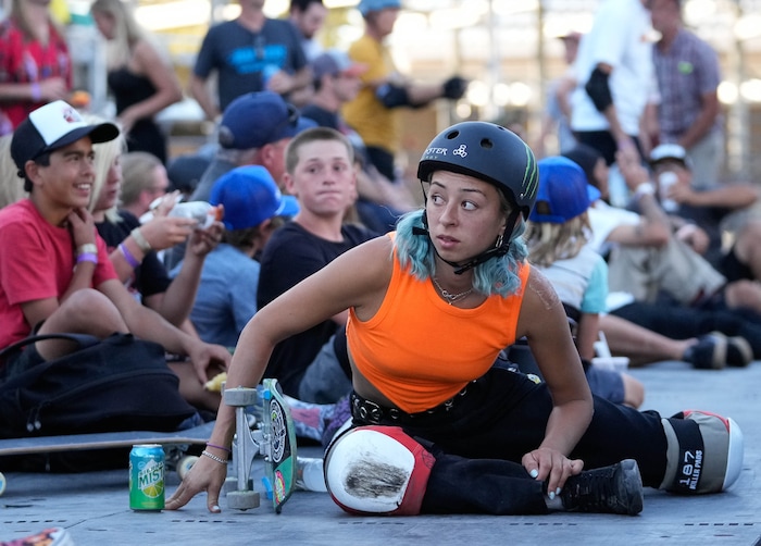 (Francisco Kjolseth | The Salt Lake Tribune) Professional skater Lizzie Armanto stretches out before the start of the “Legends Demo” during Tony Hawk’s Vert Alert, a big-air skateboarding competition at the Utah Sate Fairpark on Friday, Aug. 26, 2022. 