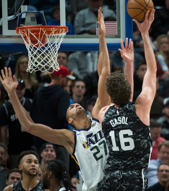 (Rick Egan  |  The Salt Lake Tribune)   San Antonio Spurs center Pau Gasol (16) goes up for a shot, as Utah Jazz center Rudy Gobert (27) defends, in Salt Lake City, Monday, February 12, 2018.
