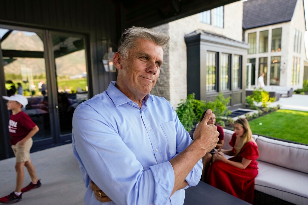 (Francisco Kjolseth | The Salt Lake Tribune) Gubernatorial candidate Rep. Phil Lyman, R-Blanding, attends a primary election party in Highland, Tuesday, June 25, 2024.