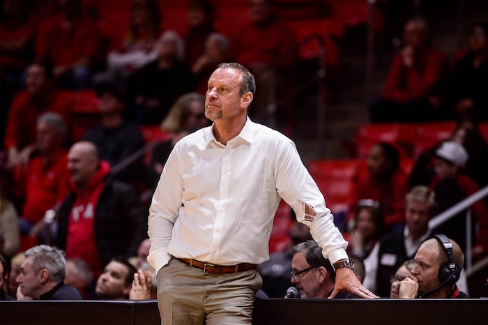 (Trent Nelson | The Salt Lake Tribune)  Utah coach Larry Krystkowiak as the University of Utah hosts USC, NCAA basketball at the Huntsman Center in Salt Lake City, Saturday Feb. 24, 2018.