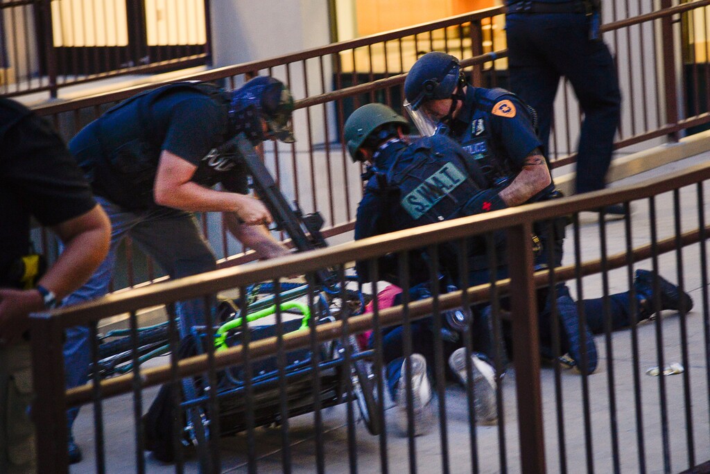 (Francisco Kjolseth  |  The Salt Lake Tribune) Police arrest Jarod Hartlerode after yelling "drop the pipe," multiple times. It is unclear what type of pipe they were referring to. While lying on his stomach an officer shot him in the back with a bean bag as hundreds of protesters took to the streets of Salt Lake City engaging with the police on Saturday, May 30, 2020. The protest was in response to the death of George Floyd in Minneapolis.