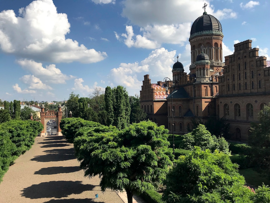 (Frances D'Emilio | AP)This June 25, 2019, photo shows a university complex in Chernivtsi, Ukraine. So far in the war with Russia, this city has not been touched by attacks.