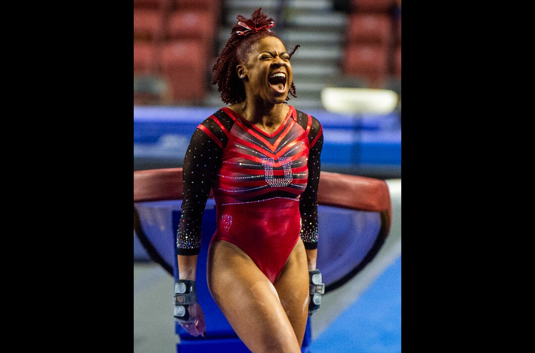 (Rick Egan | The Salt Lake Tribune) Cammy Hall competes on the vault for Utah in the Best of Utah gymnastics meet at the Maverik Center on Saturday, Jan. 9, 2021.