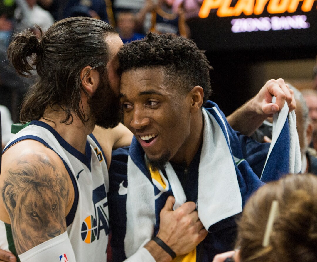 (Rick Egan  |  The Salt Lake Tribune)    Utah Jazz guard Ricky Rubio (3) and  Donovan Mitchell (45) celebrate Utah's win over Oklahoma City Thunder in game 4, in Salt Lake City, Monday April 23, 2018.
