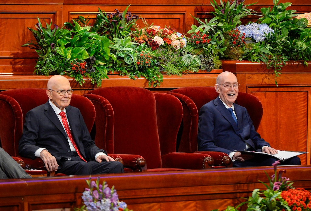 (Chris Samuels | The Salt Lake Tribune) Dallin H. Oaks, first counselor in the First Presidency, left, and Henry B. Eyring, second counselor, are seated before the start of General Conference of The Church of Jesus Christ of Latter-day Saints in Salt Lake City, Saturday on Sept. 30, 2023. Church President Russell M. Nelson, who usually sits in the middle, was not present for the conference because of health.