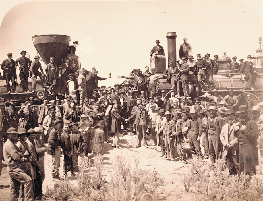 (Photo courtesy of the Union Pacific Railroad Museum) This image by American photographer Andrew J. Russell is titled "East and West Shaking Hands at laying of last rail" and shows the celebration of the 1869 completion of the intercontinental railroad. It appears in the new exhibit "The Race to Promontory: The Transcontinental Railroad and the American West" running Feb. 1–May 26, 2019, at the Utah Museum of Fine Arts.