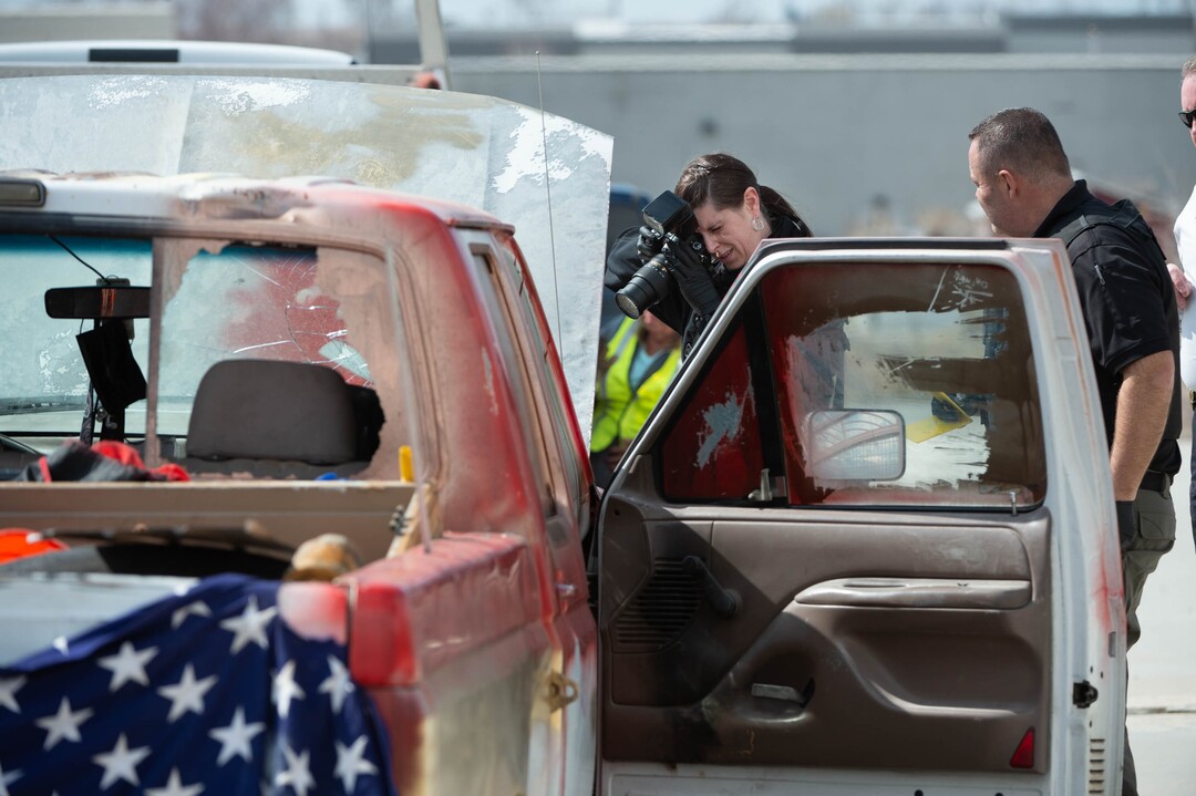 (Francisco Kjolseth  | The Salt Lake Tribune) Numerous police agencies respond to a man driving erratically and claiming to have a gun and a bomb as a police chase ends on Center Street over Legacy Highway on Wednesday, March 17, 2021.