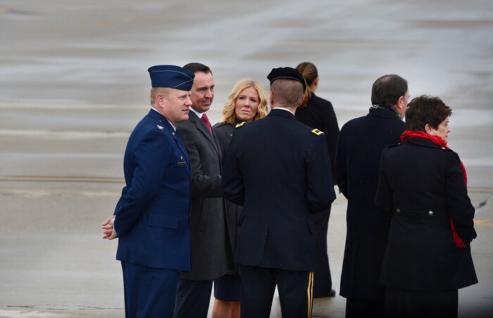(Scott Sommerdorf   |  The Salt Lake Tribune)   Governor Gary Herbert and his wife, Speaker Greg Hughes and his wife, wait for President Trump to deplane after the arrival of Air Force One at the Ronald R Wright National Air Guard Base, Monday, December 4, 2017.  