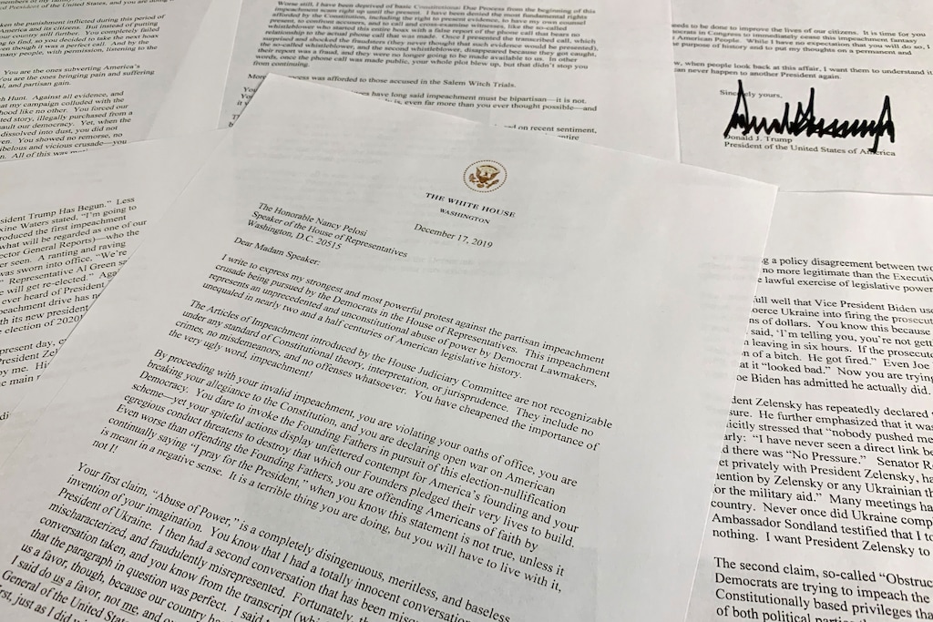 (Jon Elswick | AP) A letter from President Donald Trump to House Speaker Nancy Pelosi of Calif., is photographed Tuesday, Dec. 17, 2019, in Washington.
