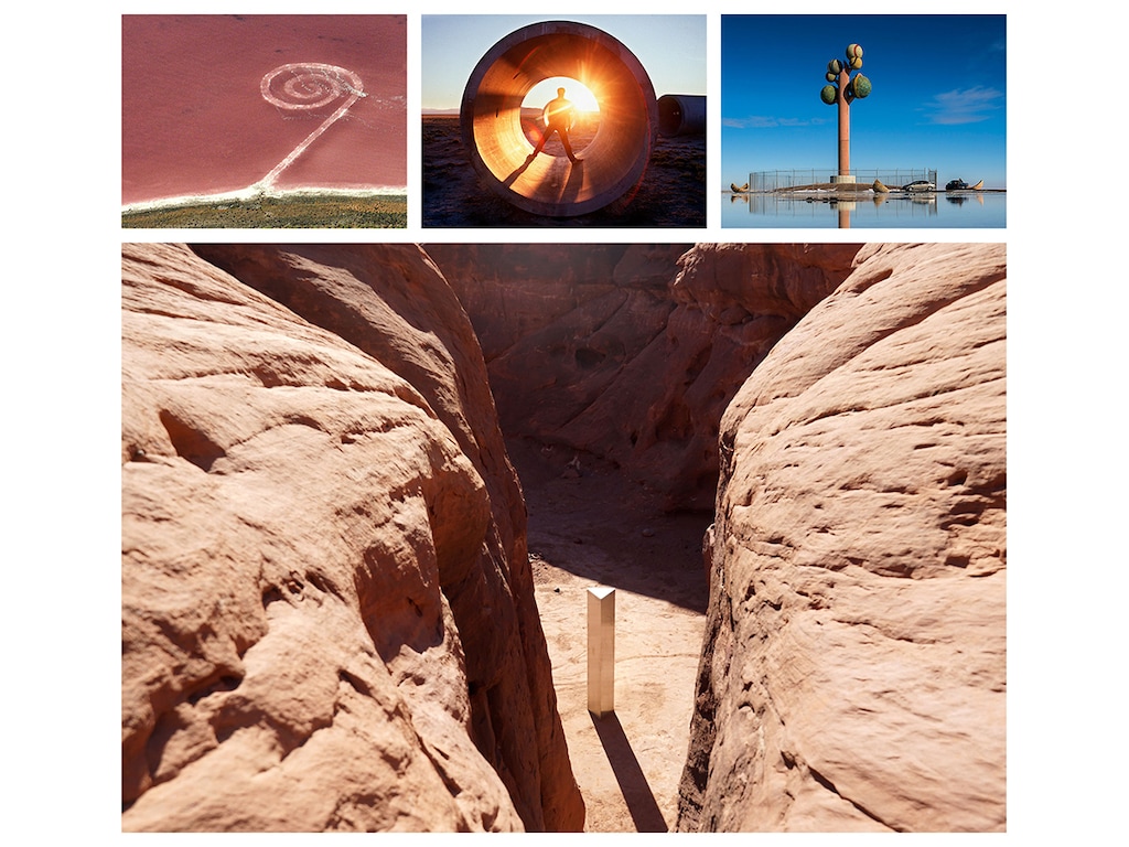 Top row (Tribune file photos) The Spiral Jetty, Sun Tunnels and Tree of Life are famous pieces of land art in Utah. Bottom: (Zak Podmore | The Salt Lake Tribune) A view of the obelisk from the slot canyon above on Nov. 25, 2020.