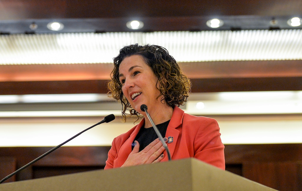 (Chris Samuels | The Salt Lake Tribune) Suzanne Harrison makes remarks after being sworn in as Salt Lake County Council member for At-Large B at the council chambers in Salt Lake City, Tuesday, Jan. 3, 2023.