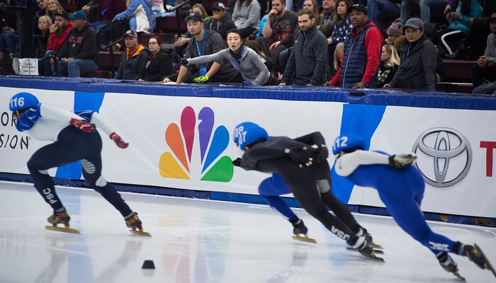 (Scott Sommerdorf   |  The Salt Lake Tribune)   
Coaches give racers instructions during day 3 of the U.S. short-track Olympic Team Trials at the Utah Olympic Oval, Sunday, December 17, 2017.  
