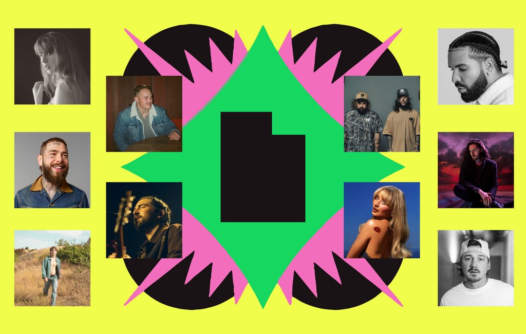 (Illustration by Christopher Cherrington  |  The Salt Lake Tribune) Salt Lake's 2024 Spotify Wrapped features artists like Taylor Swift, Morgan Wallen, Post Malone, Zach Bryan and more.