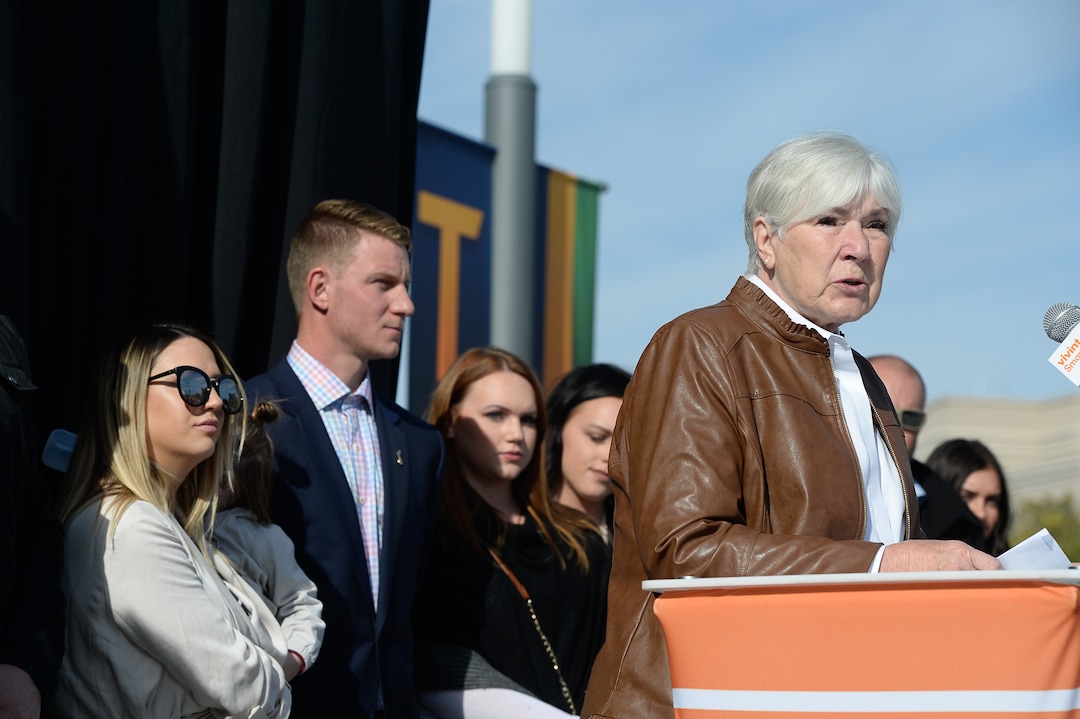 (Francisco Kjolseth  |  The Salt Lake Tribune)  Utah Jazz owner Gail Miller says a few words before the unveiling of renovations for the arena, starting with the J-Note statue and then offering self-guided tours of the venue on Tuesday, Sept. 26, 2017. The arena features new seats, new concourse areas, new anchor restaurants and open spaces for more social experiences at Jazz games and events.