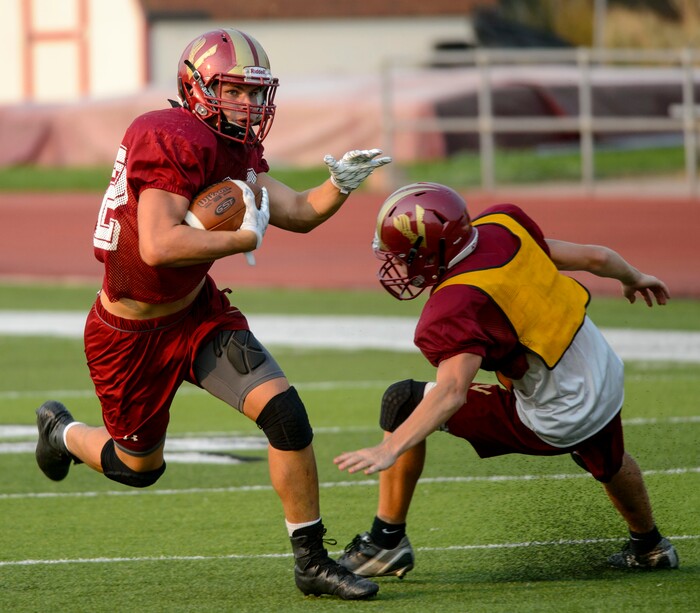 (Steve Griffin | The Salt Lake Tribune) Viewmont High School running back Cameron Brown runs the ball during practice in Bountiful Wednesday September 6, 2017.