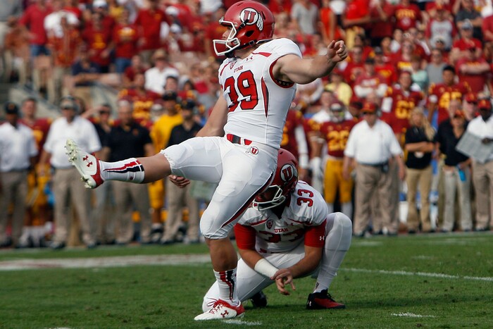 (Chris Detrick  |  Tribune File Photo)  Utah Utes kicker Andy Phillips (39) misses a field goal during the second half game at the The Los Angeles Memorial Coliseum Saturday October 26, 2013. USC won the game 19-3.