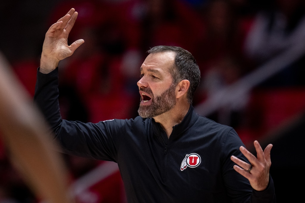 (Trent Nelson  |  The Salt Lake Tribune) Utah Utes head coach Alex Jensen as Utah hosts Weber State, NCAA basketball in Salt Lake City on Saturday, Nov. 8, 2025.