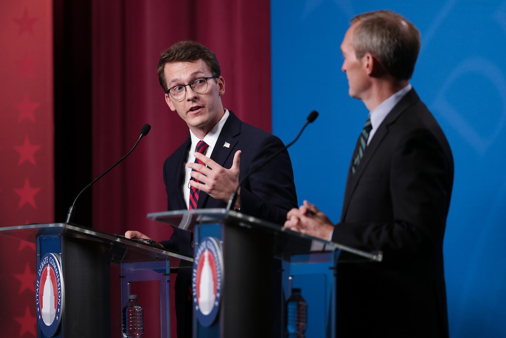(Erin Hooley | Pool) Candidates for Utah’s 1st Congressional District Republican Riley Owen, left, and Democrat Ben McAdams participate in a debate at Salt Lake Community College, Tuesday, Sept. 29, 2026, in Salt Lake City.