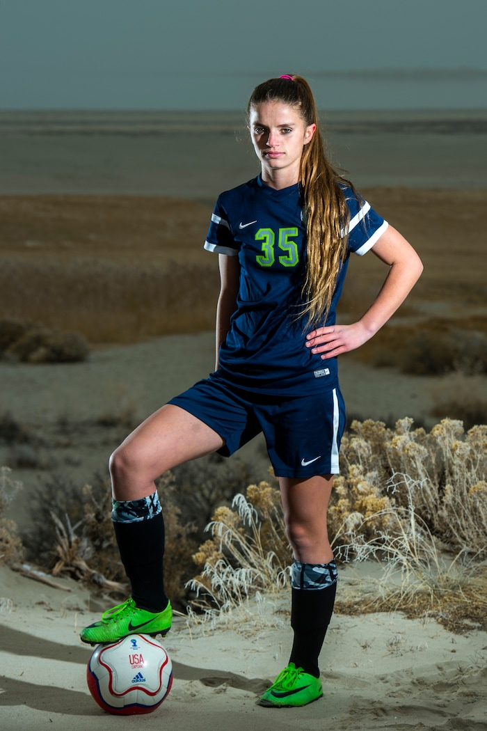 (Chris Detrick | The Salt Lake Tribune) Syracuse's Caroline Stringfellow poses for a portrait near Bridger Bay on Antelope Island State Park Tuesday, December 12, 2017.