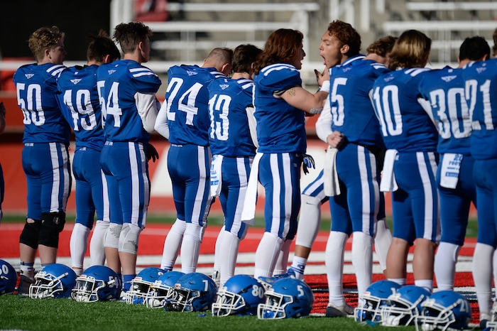 (Francisco Kjolseth  |  The Salt Lake Tribune)  Dixie takes to the field before their game with Orem in the 4A high school championship game at Rice Eccles Stadium in Salt Lake City, Friday, Nov. 16, 2018.