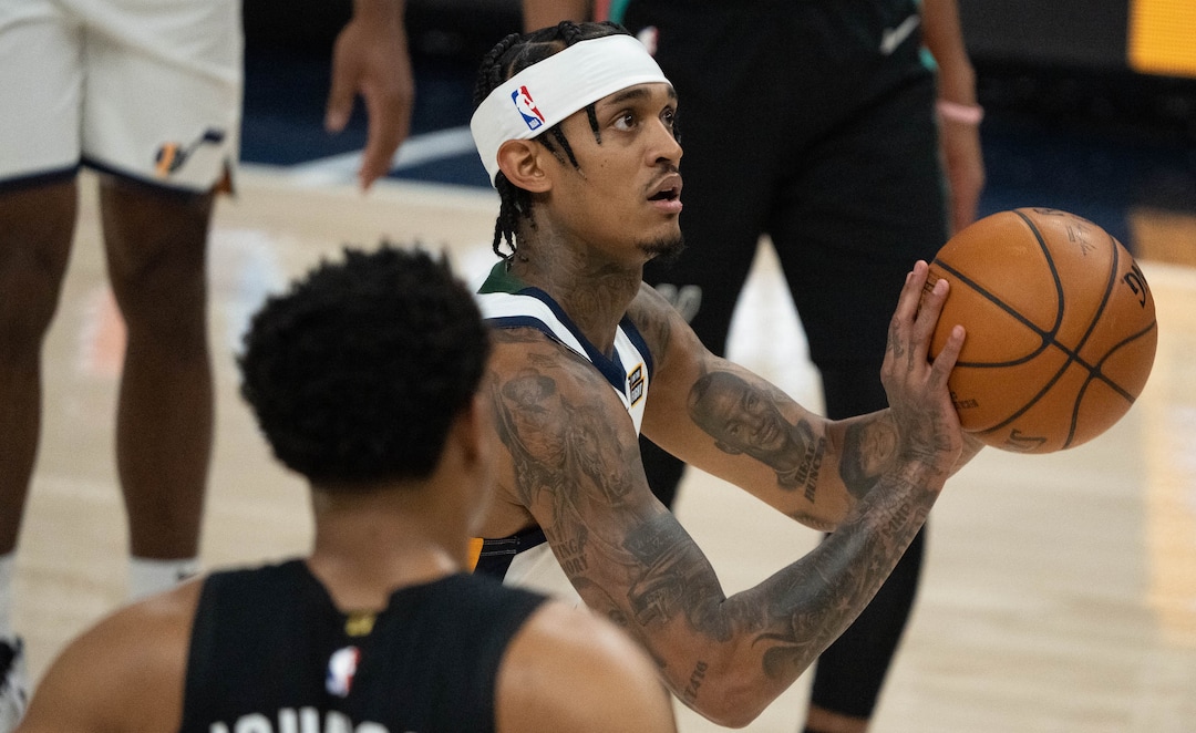 (Francisco Kjolseth | The Salt Lake Tribune) Utah Jazz guard Jordan Clarkson (00) eyes the basket in NBA action between the Utah Jazz and the San Antonio Spurs at Vivint Smart Home Arena, on Wednesday, May 5, 2021.