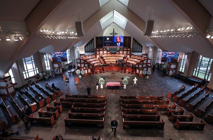 The scene is set for the funeral service for the late Rep. John Lewis, D-Ga., at Ebenezer Baptist Church in Atlanta, Thursday, July 30, 2020.  (Alyssa Pointer/Atlanta Journal-Constitution via AP, Pool)