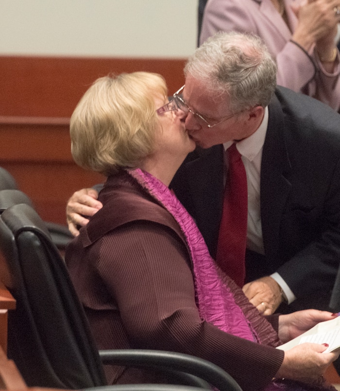 (Rick Egan | The Salt Lake Tribune) George H. Durham gives his wife Justice Christine M.Durham a kiss, after speaking at her retirement reception at the Matheson Courthouse,
Monday, November 13, 2017.