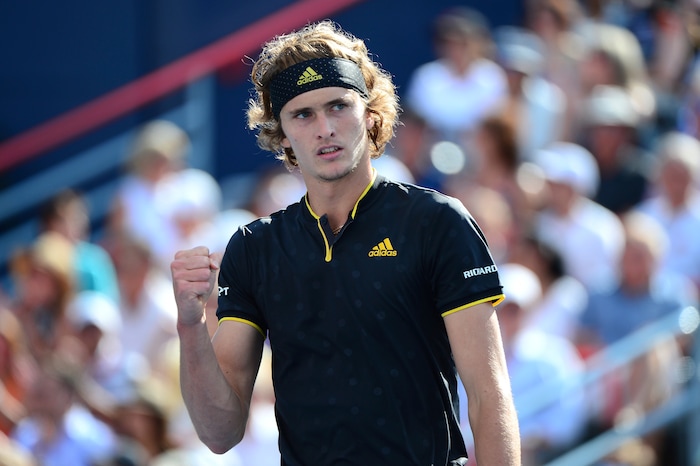 Alexander Zverev, of Germany, reacts to a point against Roger Federer, of Switzerland, during the final of the Rogers Cup tennis tournament Sunday, Aug. 13, 201, in Montreal. (Paul Chiasson/The Canadian Press via AP)