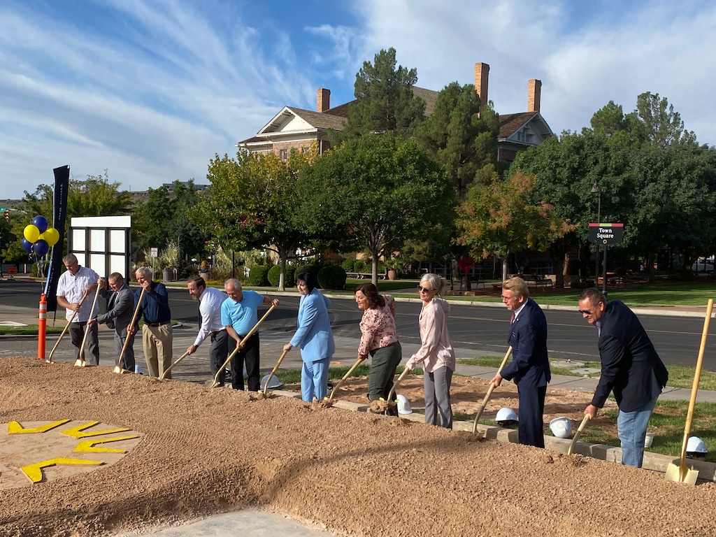 (Mark Eddington | The Salt Lake Tribune) St. George Mayor Michelle Randall, center in blue, leads others in a groundbreaking ceremony for a new city hall, Wednesday, Sept. 20, 2023.