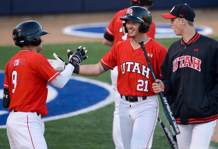 (Leah Hogsten  |  The Salt Lake Tribune) Utah's DaShawn Keirsey Jr. is the sixth scoring run in the 5th inning as Brigham Young University hosts University of Utah at Miller Park, Tuesday, April 24, 2018 in Provo.