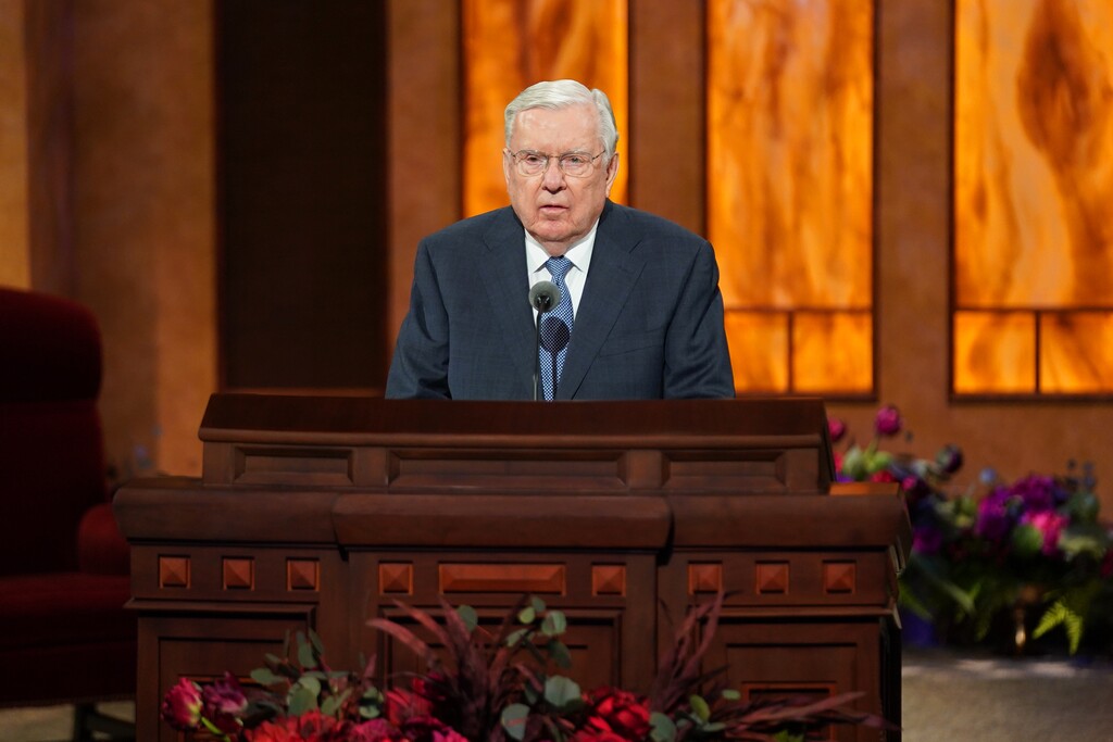(Photo courtesy of The Church of Jesus Christ of Latter-day Saints)  M. Russell Ballard, acting president of the Quorum of the Twelve Apostles, speaks at the Sunday morning session of the 190th Semiannual General Conference of The Church of Jesus Christ of Latter-day Saints on Oct. 4, 2020.