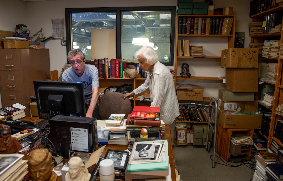 (Leah Hogsten  |  The Salt Lake Tribune)  Tony Weller assists his mother Lila as she logs books into a computer at Weller Book Works, August 7, 2019. Weller Book Works — formerly Zion Bookstore and Sam Weller's Books — is celebrating its 90th year.