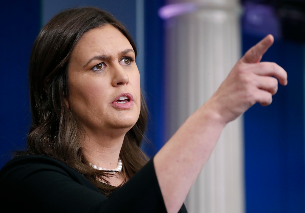 White House press secretary Sarah Huckabee Sanders gestures while speaking to the media during the daily briefing in the Brady Press Briefing Room of the White House, Thursday, June 14, 2018. (AP Photo/Pablo Martinez Monsivais)