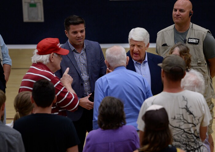 (Scott Sommerdorf   |  The Salt Lake Tribune)   
Congressman Rob Bishop was asked a question by a man after his town hall meeting held at Layton Christian Academy in Layton, Utah, Friday, August 25, 2017.